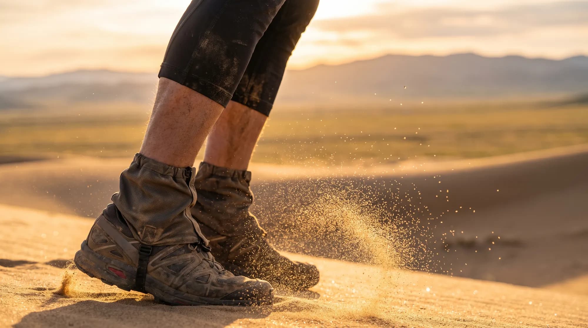 Gros plan de souliers de course avec guêtres qui projettent du sable sur une dune dorée