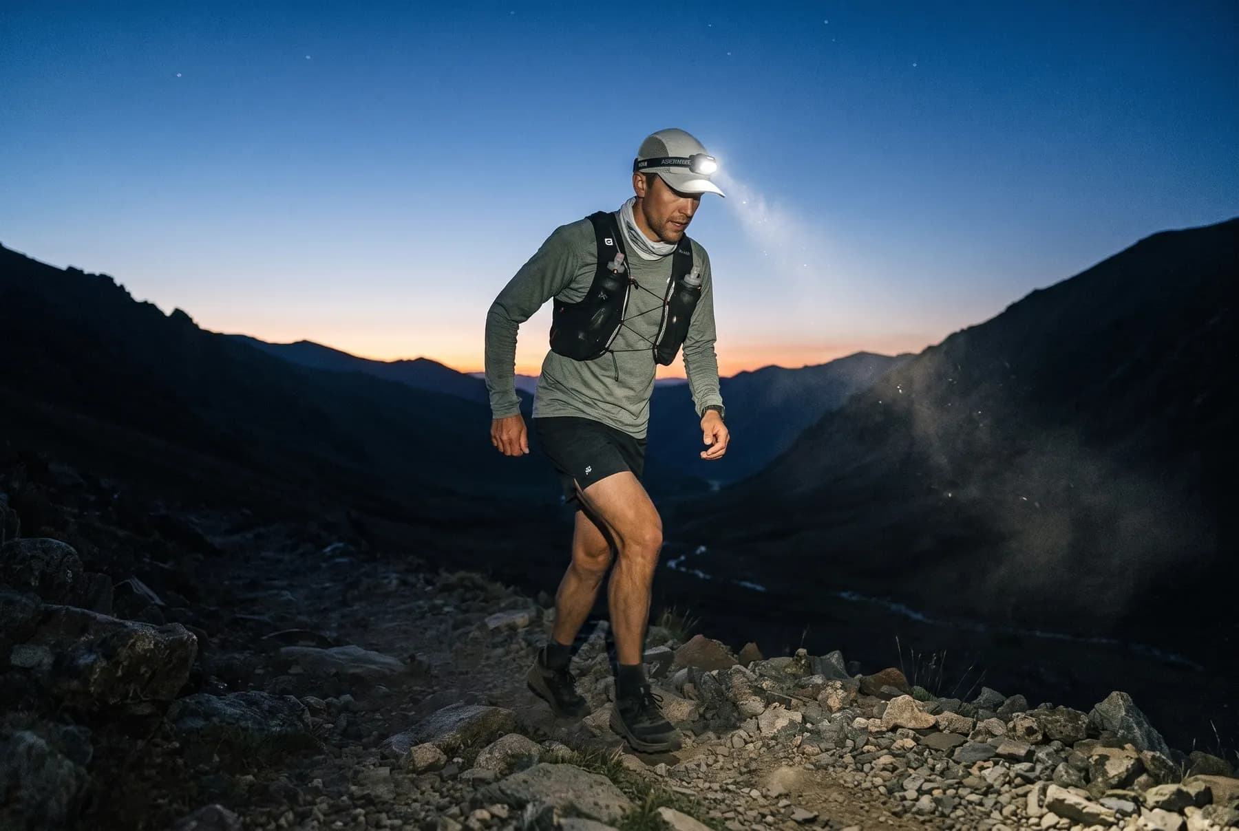 Le même coureur, lampe frontale allumée, gravit un sentier rocheux à l’heure bleue pendant la longue marche